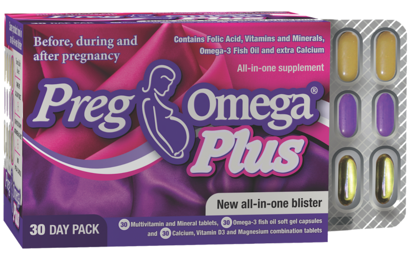 Pregnant woman holding a bottle of Preg-Omega Plus, emphasizing the importance of balanced nutrition during pregnancy.